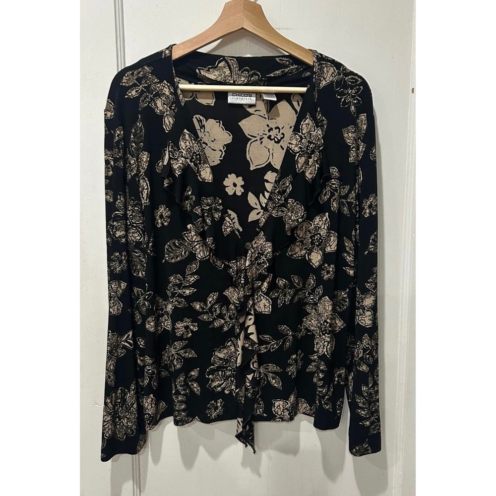 Chicos Travelers Black Tan Floral Ruffle Front Cardigan Top Size 2 L Large